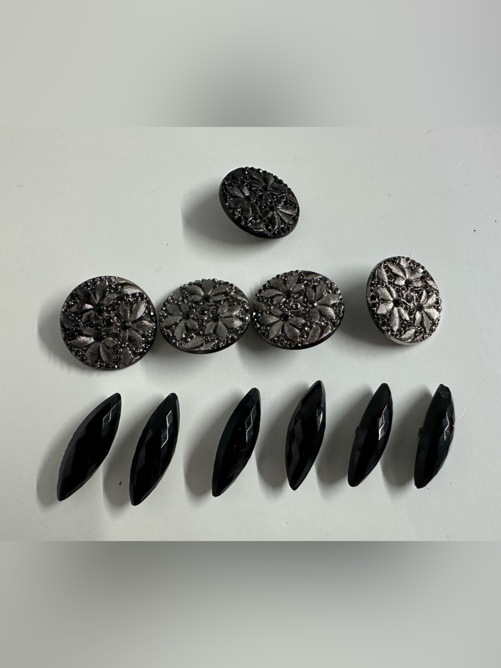 Vintage Black Oblong Jet Buttons & Dark Gray Filigree Buttons